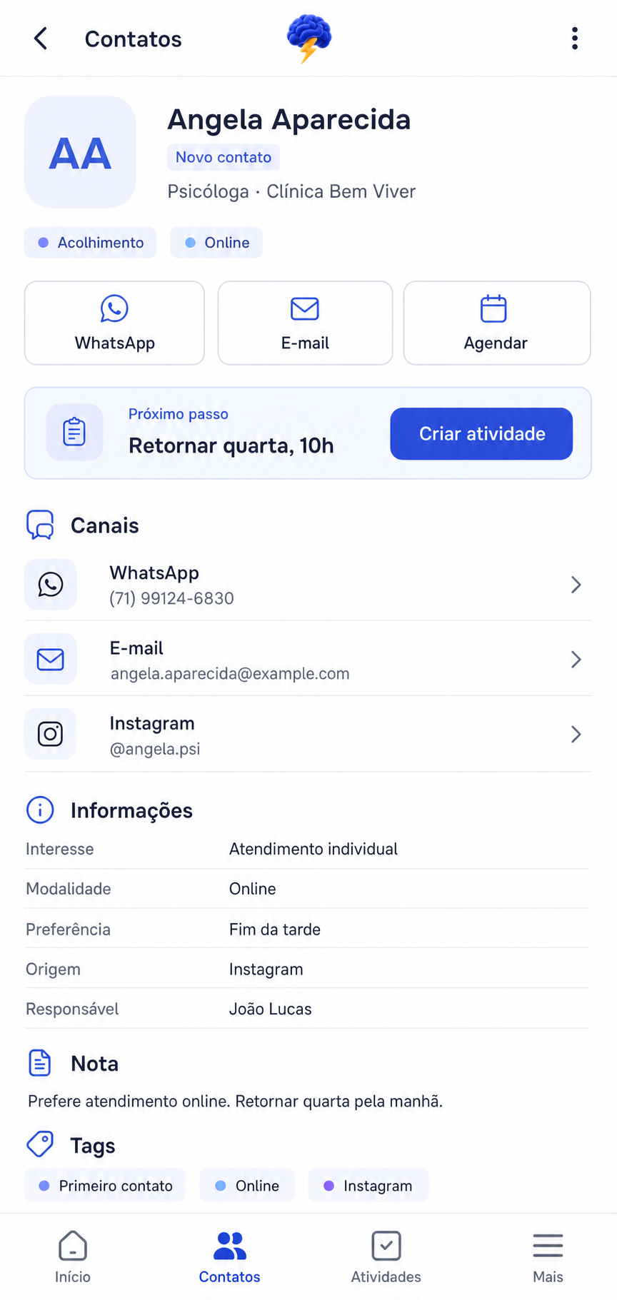 Perfil de contato no aplicativo mobile Mind Flow, com canais, próxima ação e informações gerais.